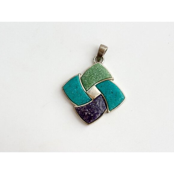 Stoneform Pinwheel Multi Gemstone Turquoise 925 Sterling Silver Vintage Pendant - Picture 7 of 9